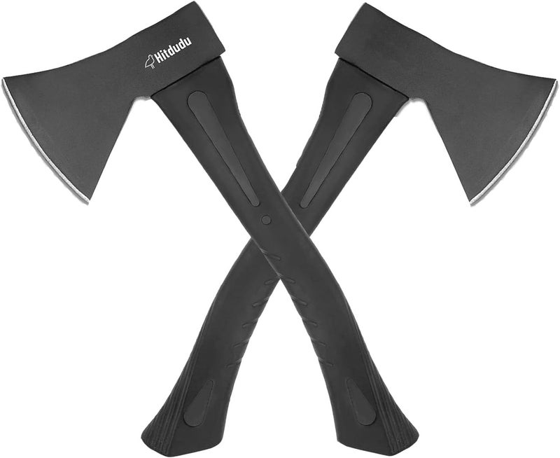 Hitdudu Camping Hatchet 2Pack, 14" Camping Axe Throwing Axe for Outdoor Wood Splitting and Kindling, Forged Carbon Steel Heat Treated, Fiberglass Shock Reduction Handle with Anti-Slip Grip - Image 1